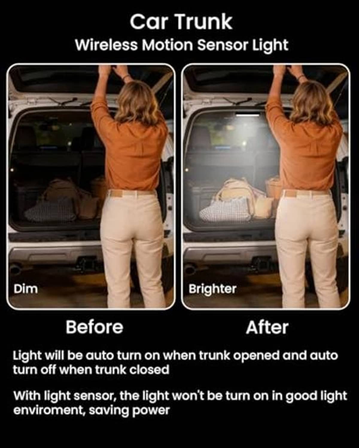 Car trunk interior with wireless motion sensor light on; bright illumination when opened