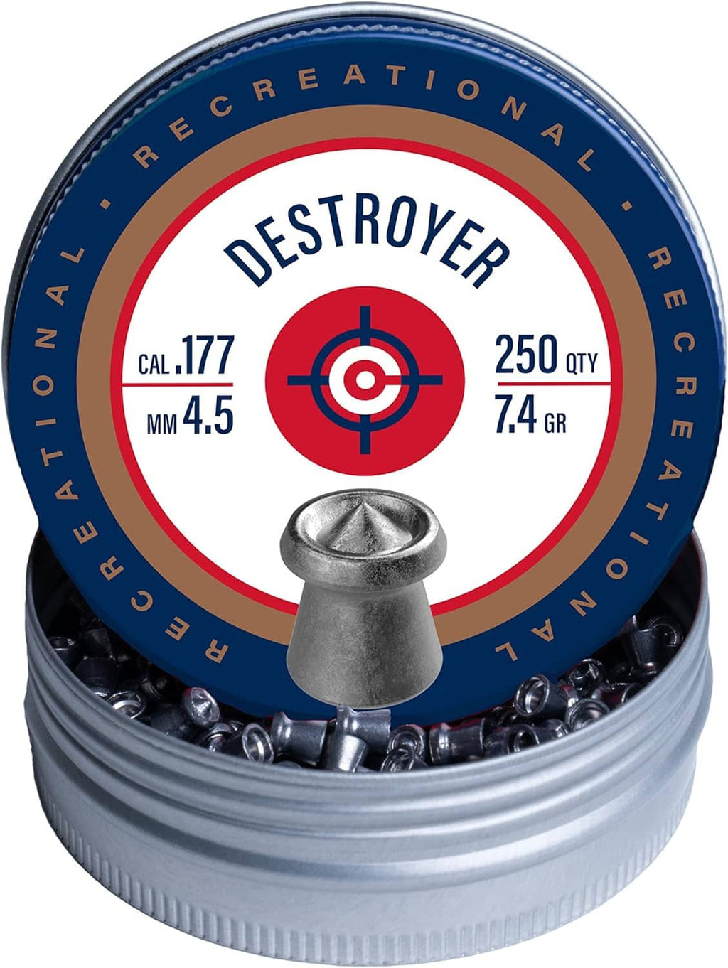 Destroyer pellets tin with silver dome pellet and open tray of pellets