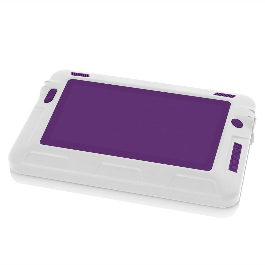 Purple waterproof tablet case with clear front window and white stand base