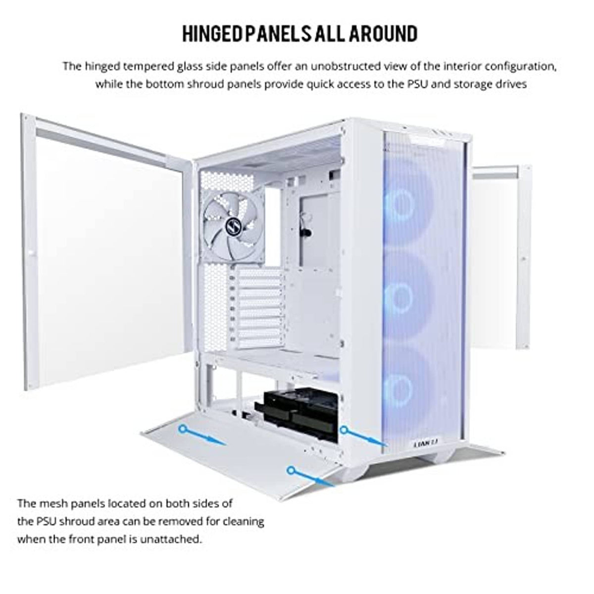 LANCOOL III E-ATX case with hinged tempered glass panels open, showing interior cooling