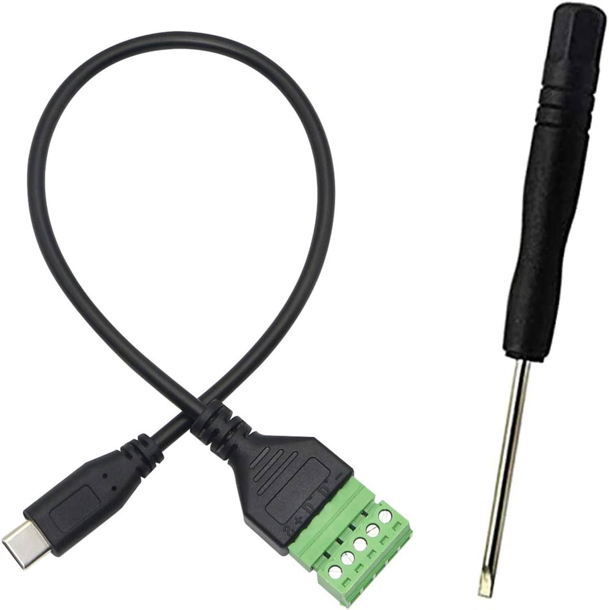 USB-C to green screw terminal block cable with bare conductor end