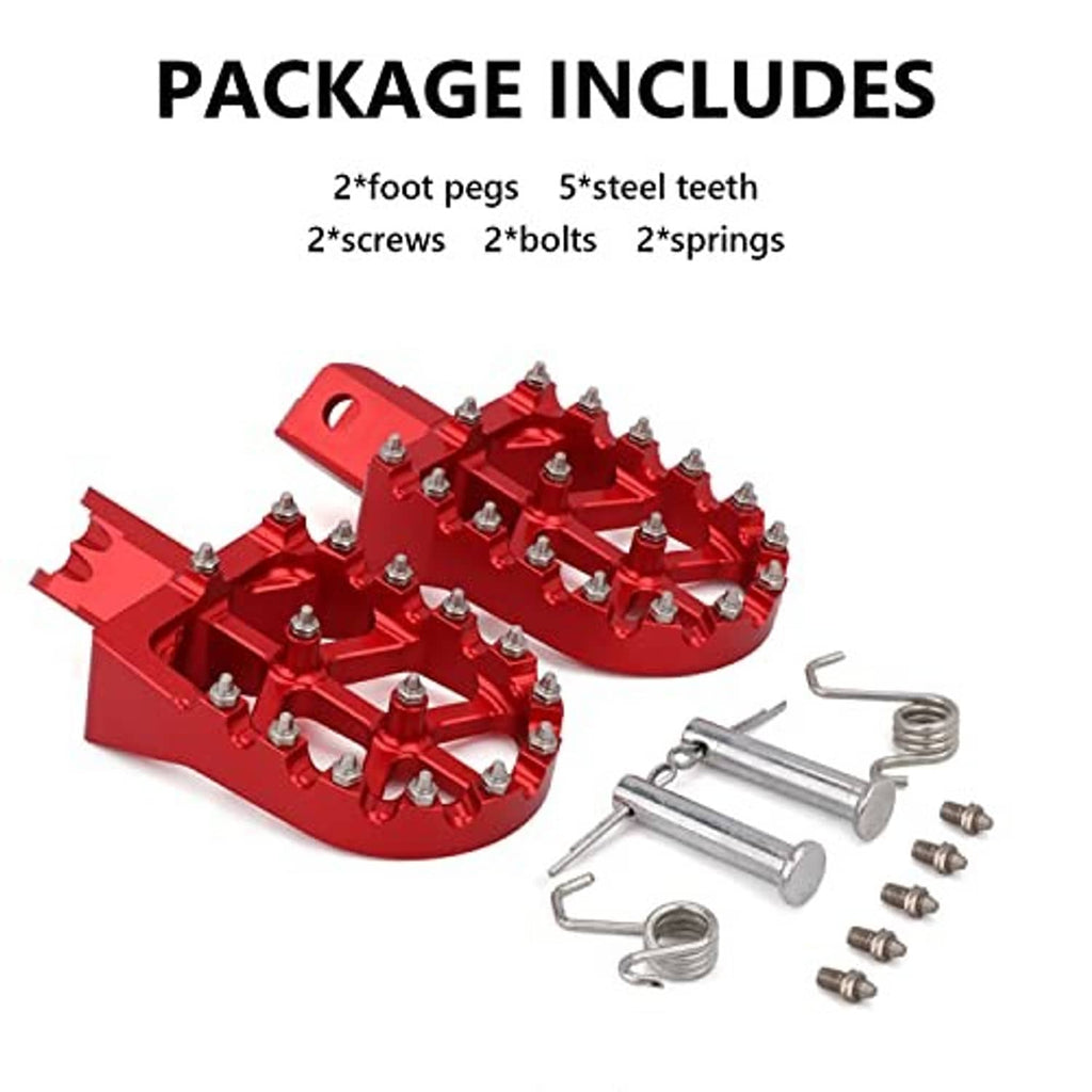 Red CNC motorcycle foot pegs kit with screws, bolts, and springs