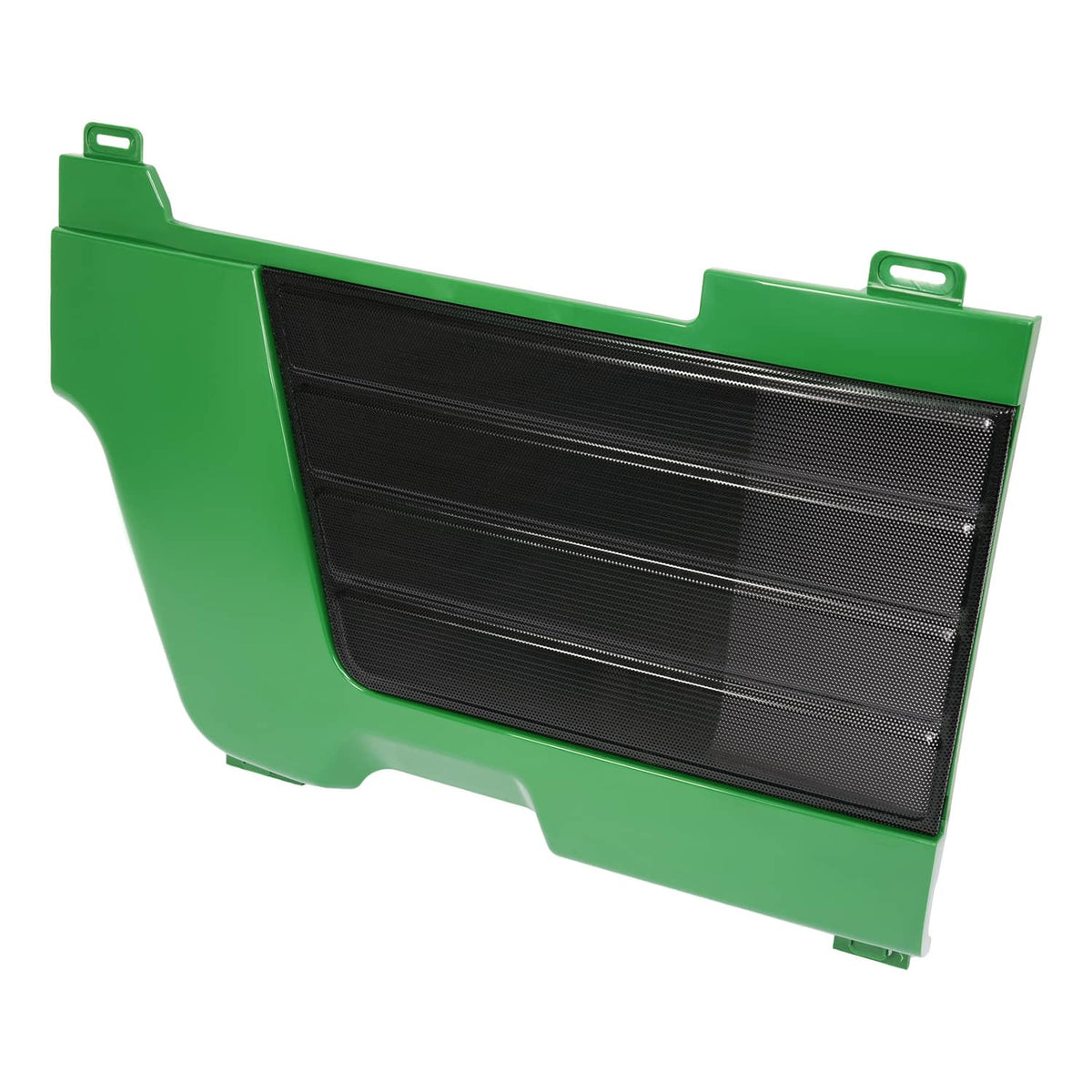 Green side panel grille with black rectangular mesh insert and top mounting tabs