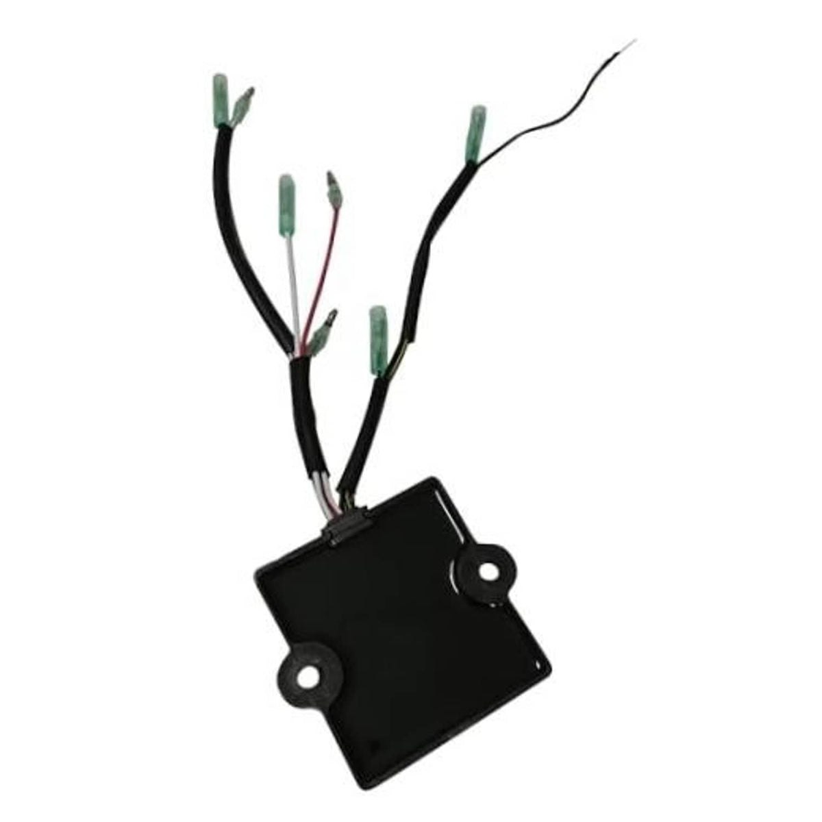 Black ignitor box with multi-wire harness and round mounting bracket