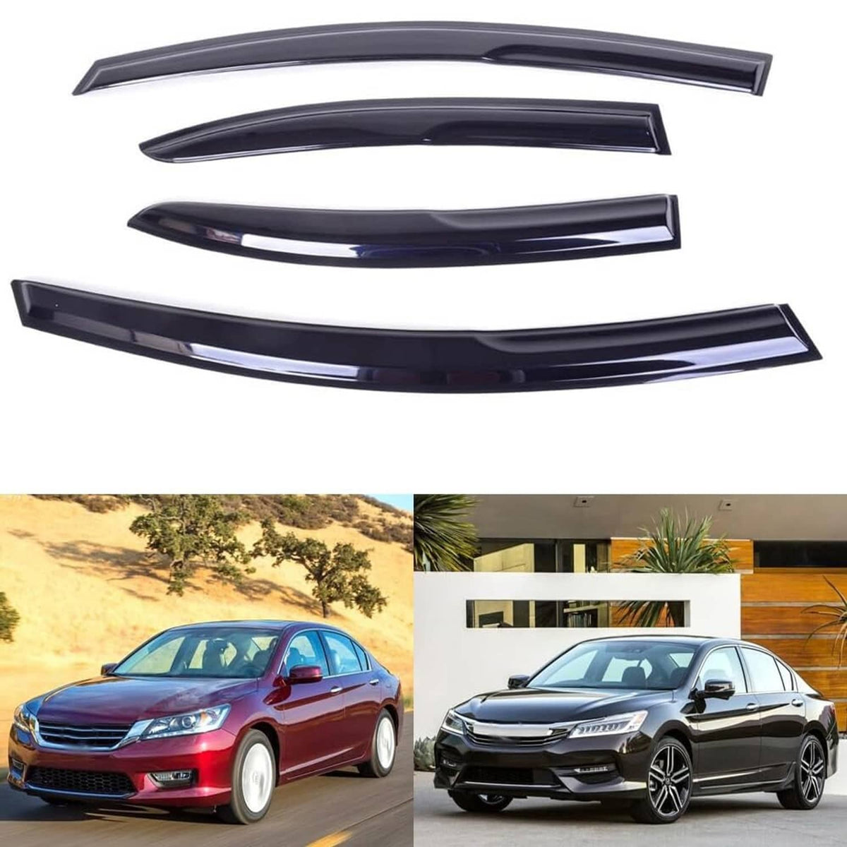 Set of three black window visor rain guards, curved acrylic pieces for sedan