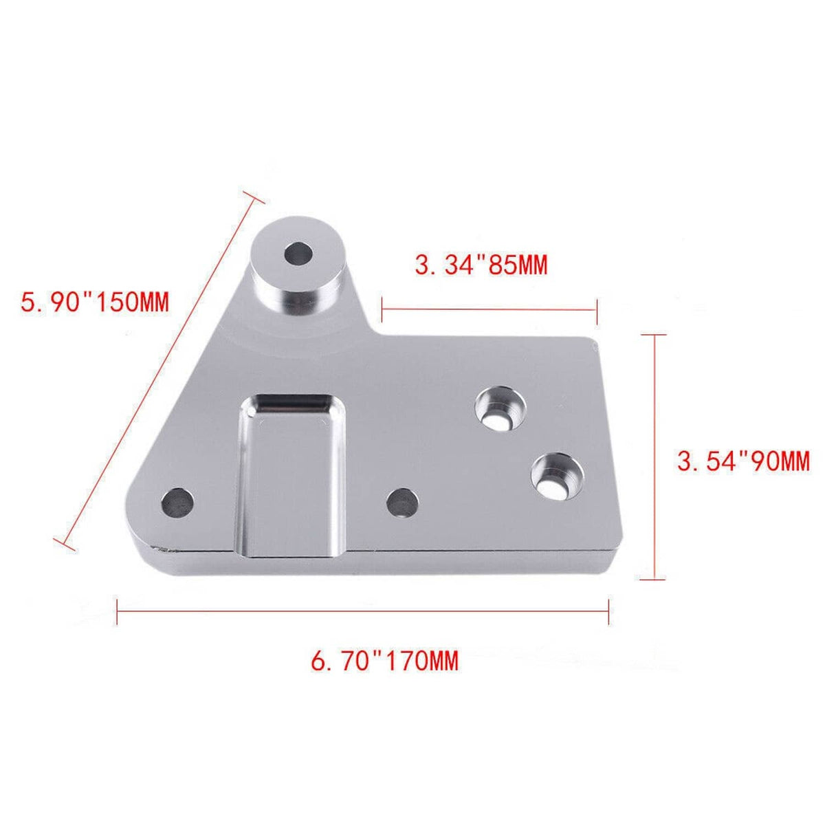 Silver engine mount bracket with mounting holes and size measurement diagram