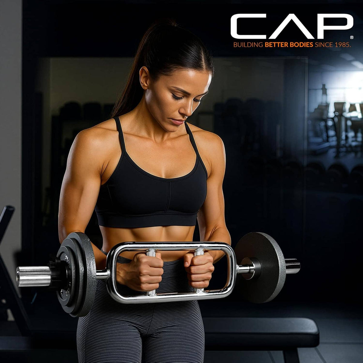 Chrome triceps bar on rack level, gripped with neutral handles for pressing