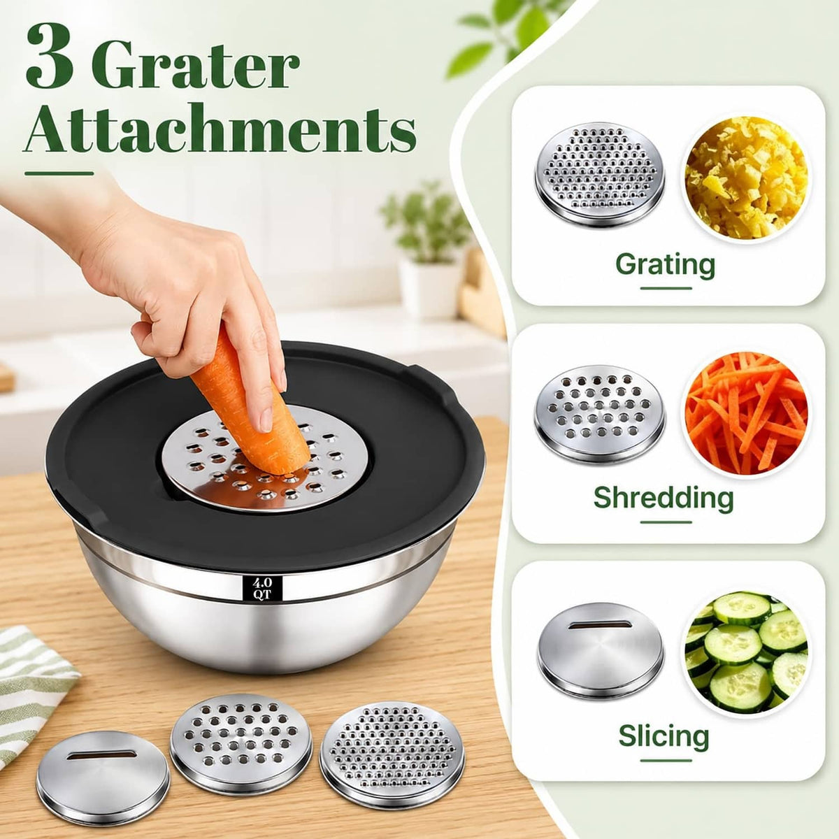 Stainless mixing bowl with black lid and stainless grater attachments for shredding