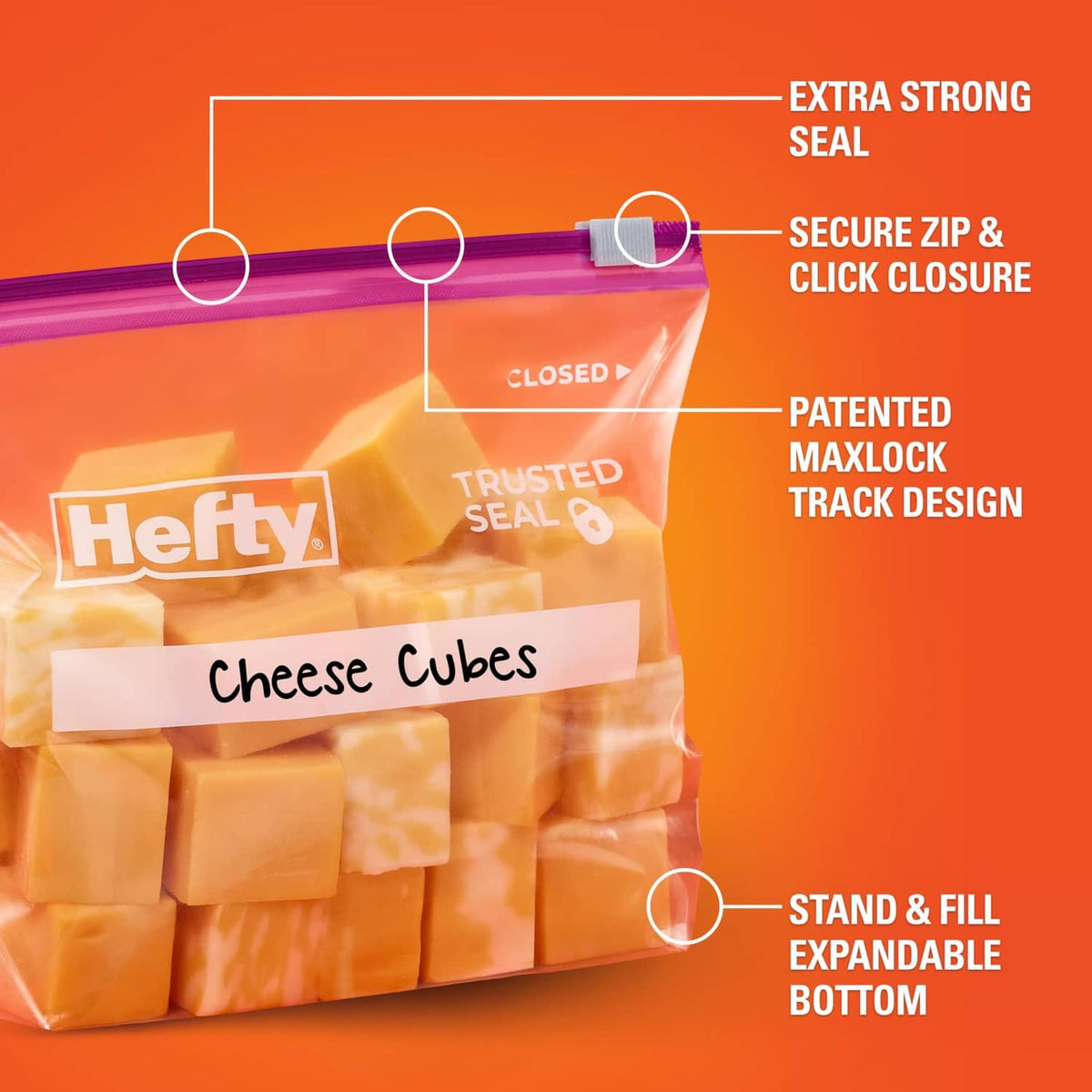 Quart slider storage bag showing extra strong seal, secure zip and click closure