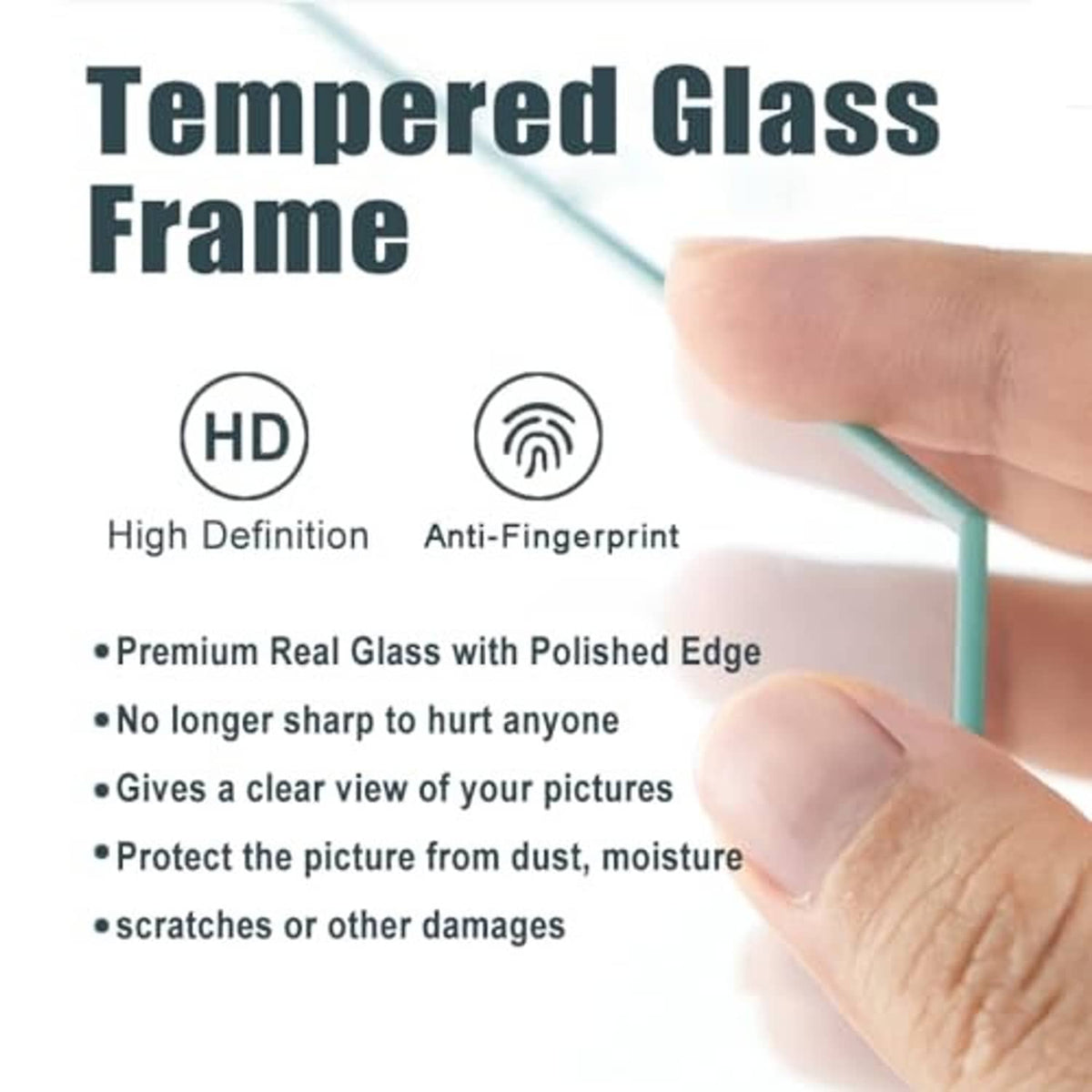 Tempered glass picture frames with polished edge and anti-fingerprint protection