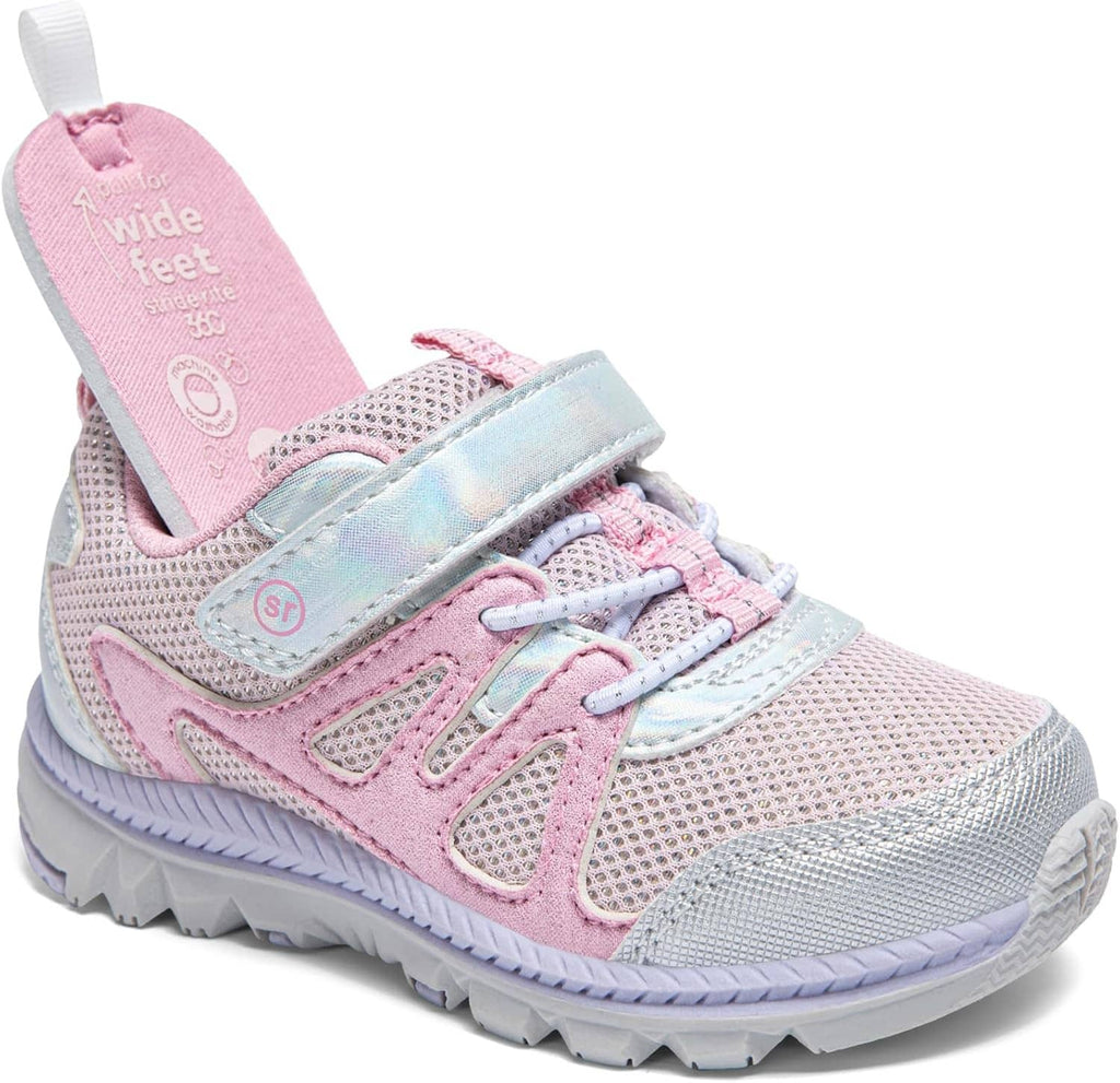 Light pink and silver toddler sneakers with wide-feet strap label and velcro closure
