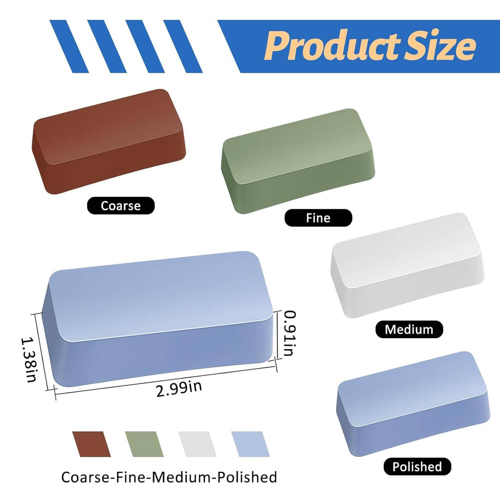Polishing abrasive blocks in brown, green, and white/blue shapes for buffing