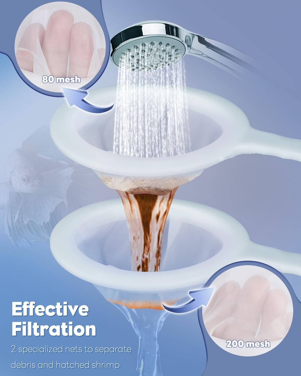 Funnel brine shrimp strainer with two circular white sieves for separating debris