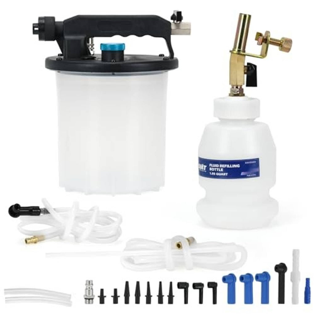 Brake bleeder vacuum pump kit contents: pump, refill bottle, hoses, adapters, nozzles