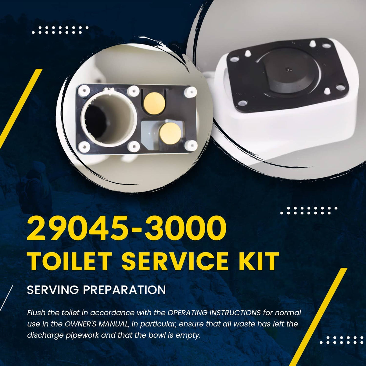 Marine toilet service kit with white base housing and black valve cover and seals
