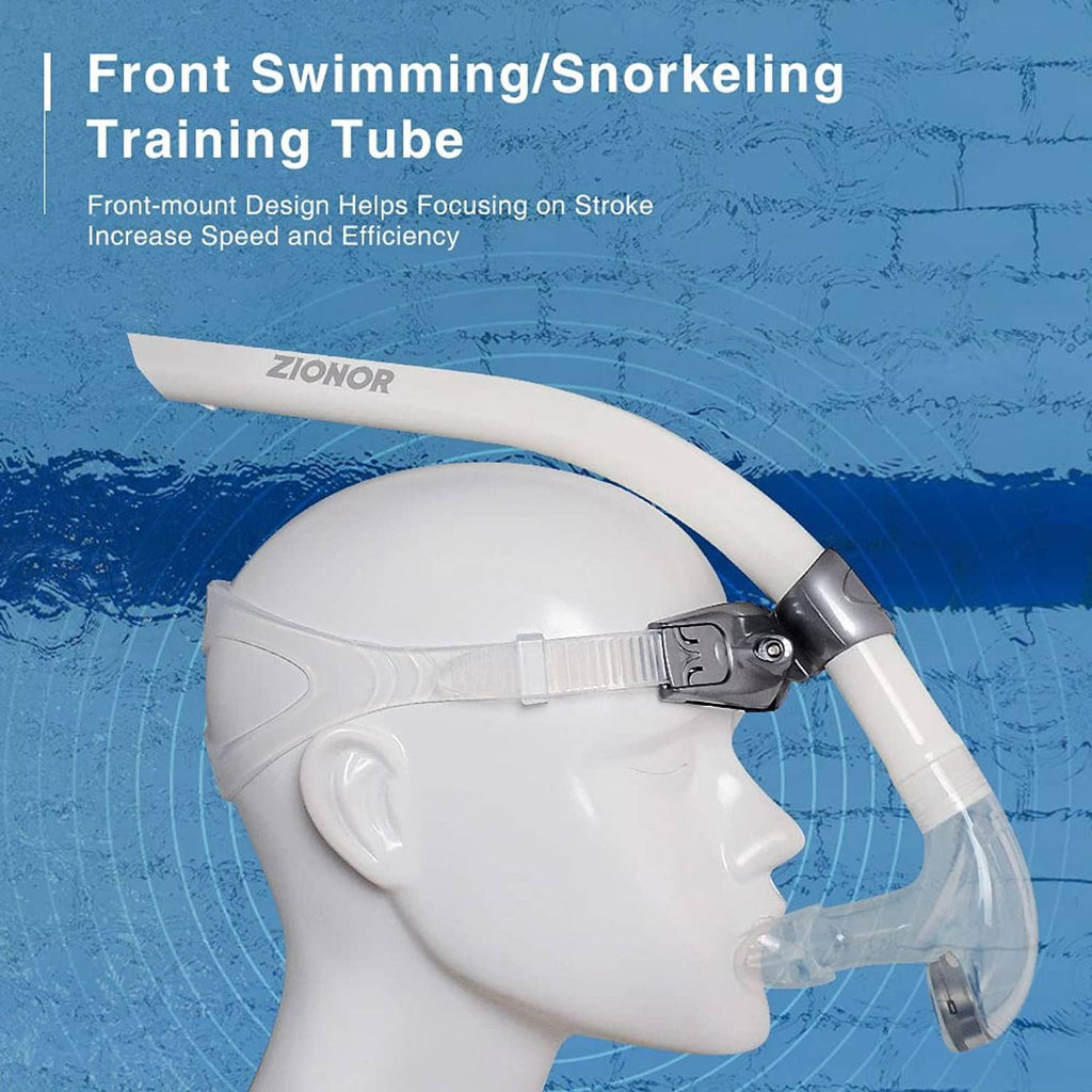 White front-mount swim snorkel training tube with adjustable grey head bracket