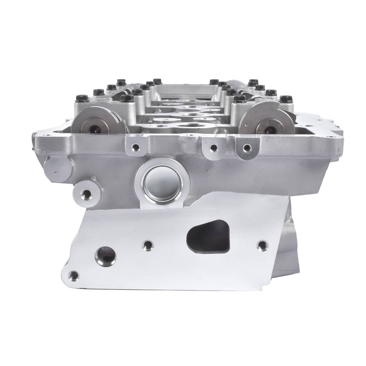 Aluminum cylinder head housing with bolt holes and machined openings for components.