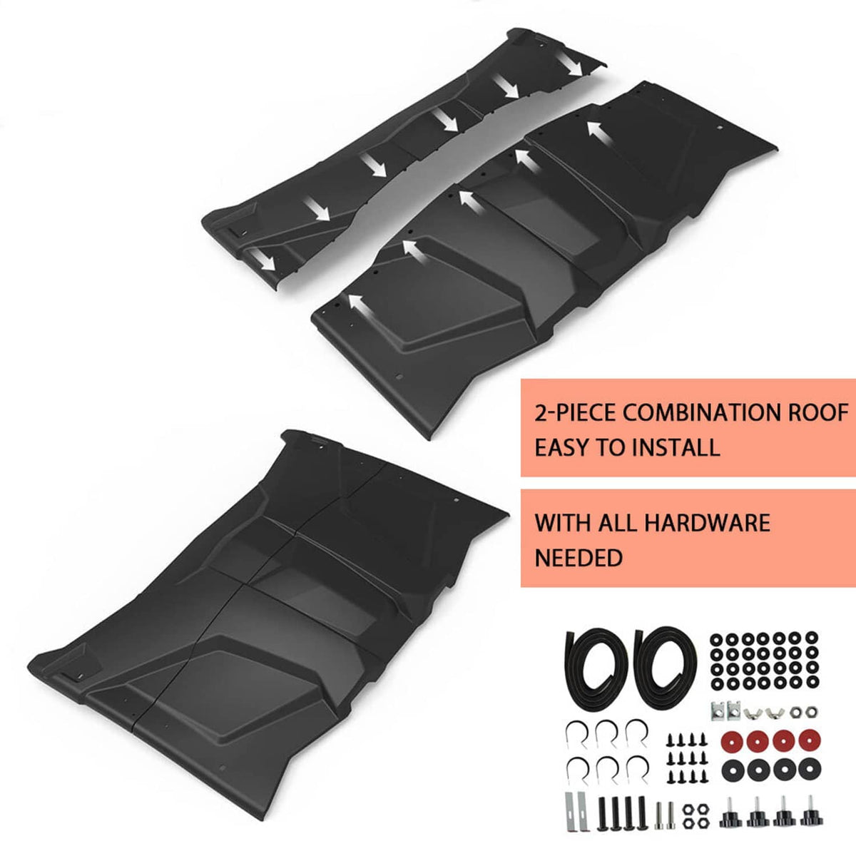 Black 2-piece roof panel set with included hardware kit and fasteners