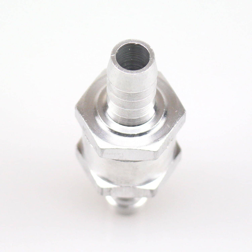 Close-up front view of 8mm fuel line one-way check valve with threaded hex base