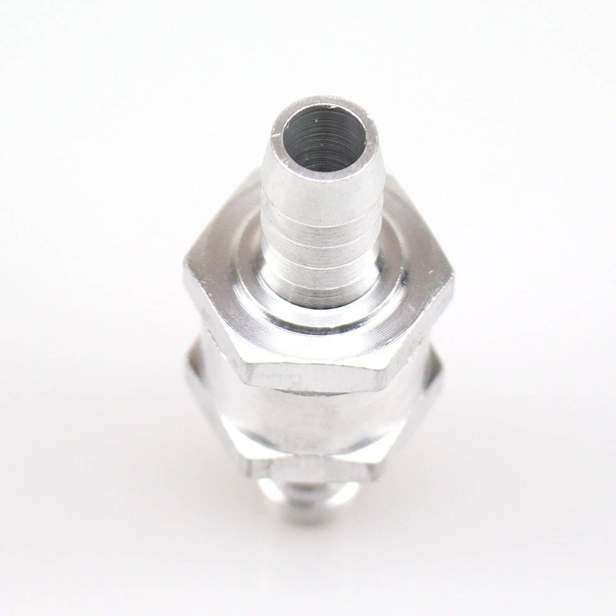 Close-up front view of 8mm fuel line one-way check valve with threaded hex base