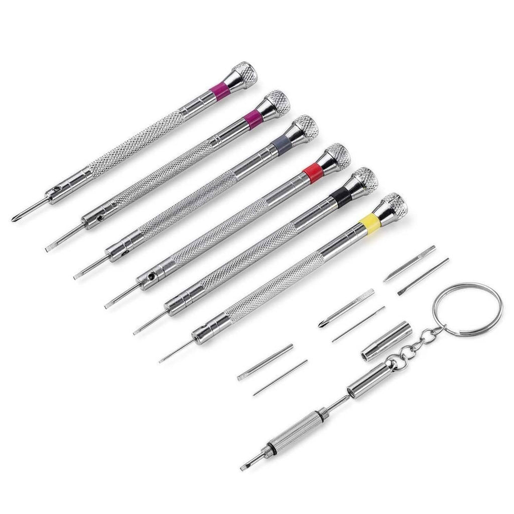 Micro precision screwdriver set with 6 chrome-silver bits and slim textured handles