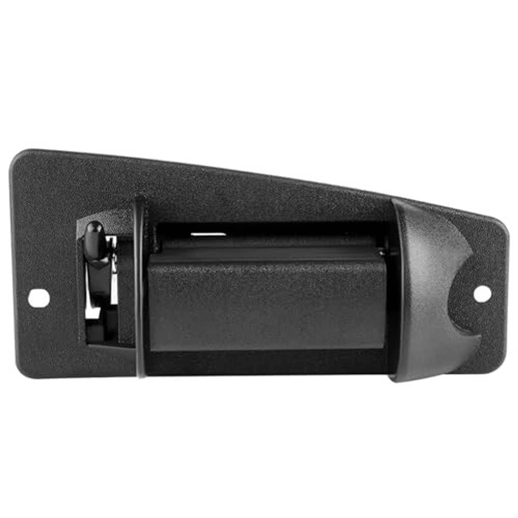 Black exterior rear door handle assembly with mounting bracket and latch opening