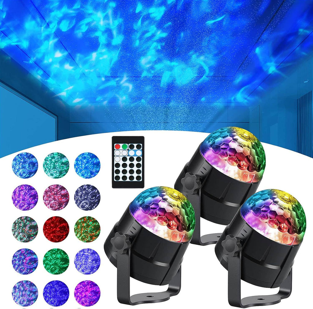 Three-piece black outdoor water light projectors with rainbow ocean wave lens and remote