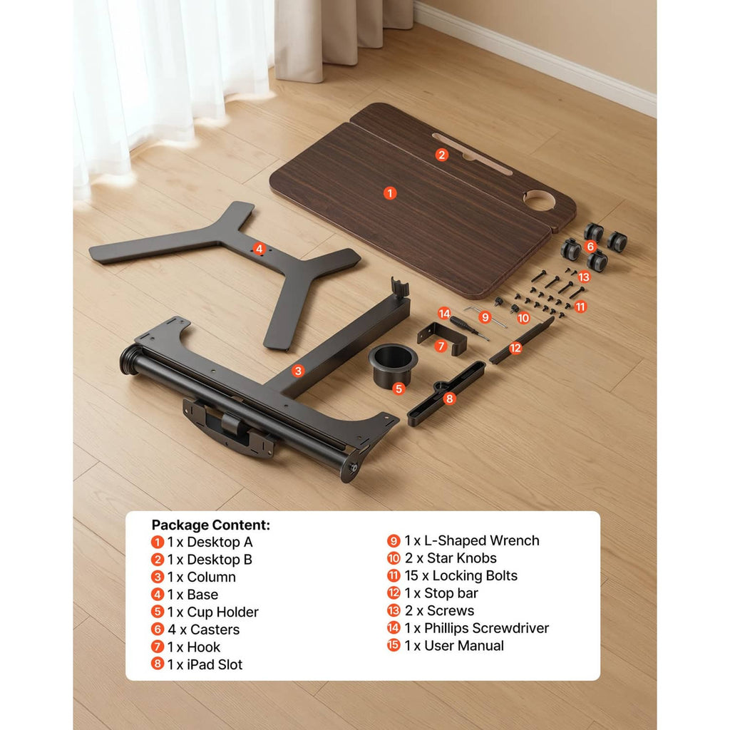 Standing desk component layout with dark wood top and metal base parts shown