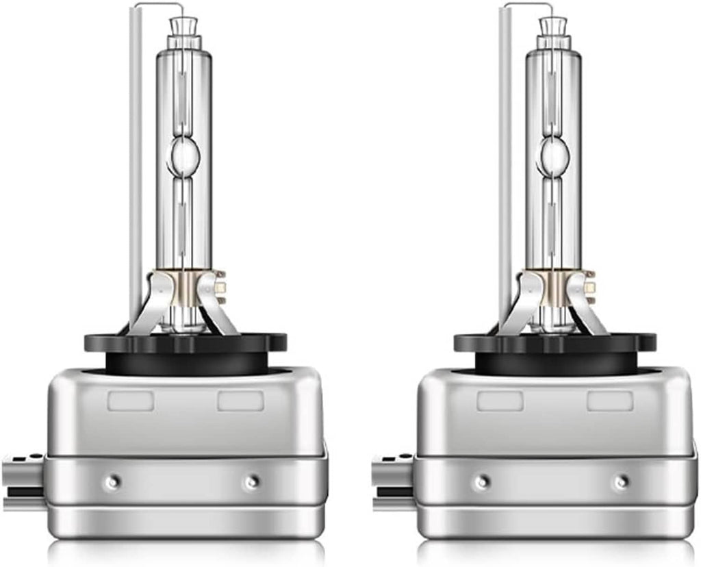 HID headlight bulbs, clear glass tube with black housing, front close-up pair