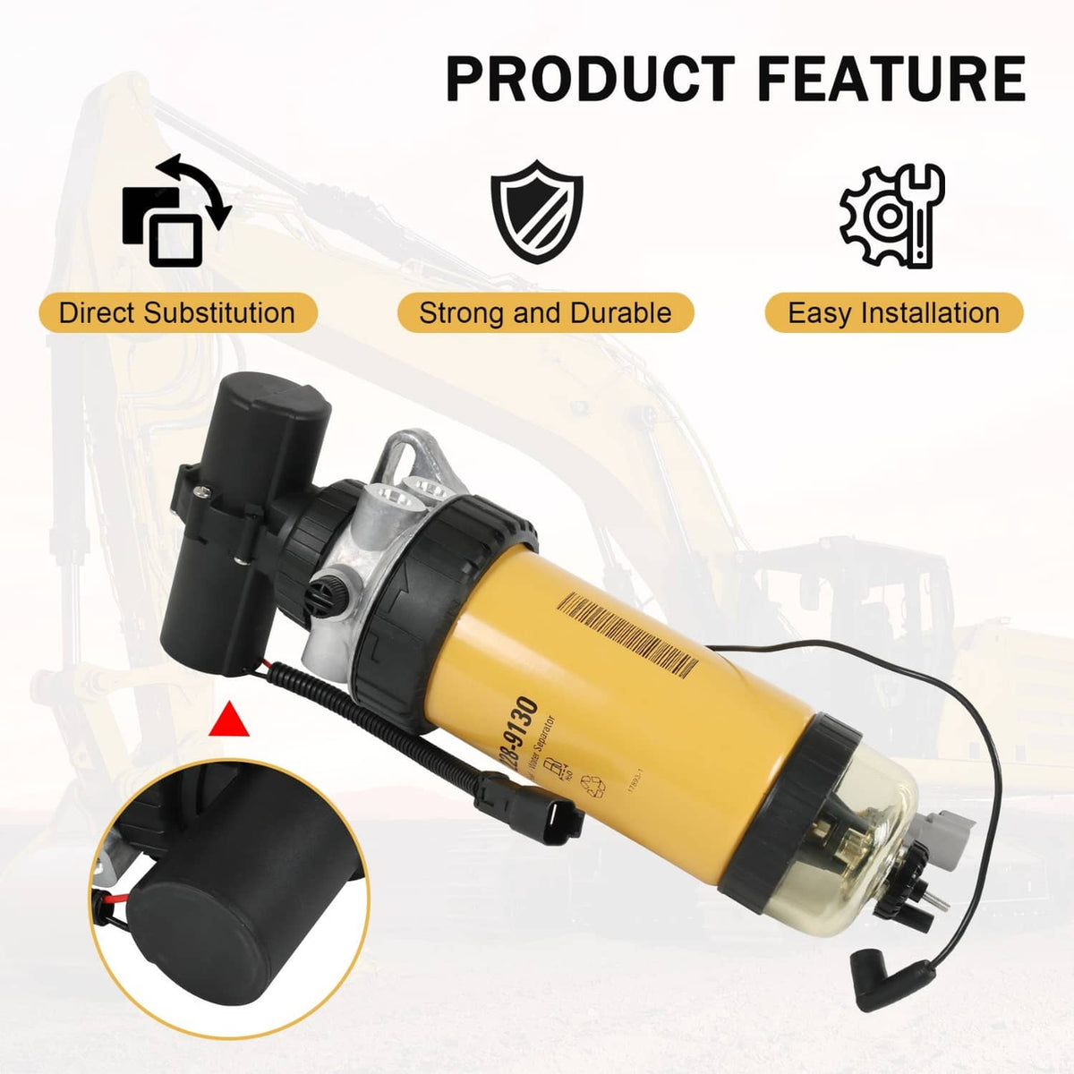 Fuel pump and filter assembly shown at a diagonal angle with wiring and black sensor housing
