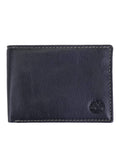 Navy blue leather bifold wallet with contrast stitching and logo patch.