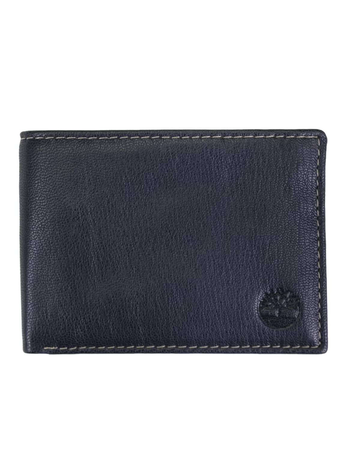 Navy blue leather bifold wallet with contrast stitching and logo patch.