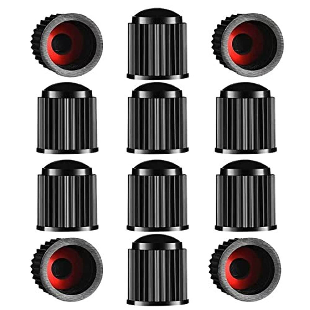Black ribbed tire valve stem caps with red rubber insert, shown as multiple pieces