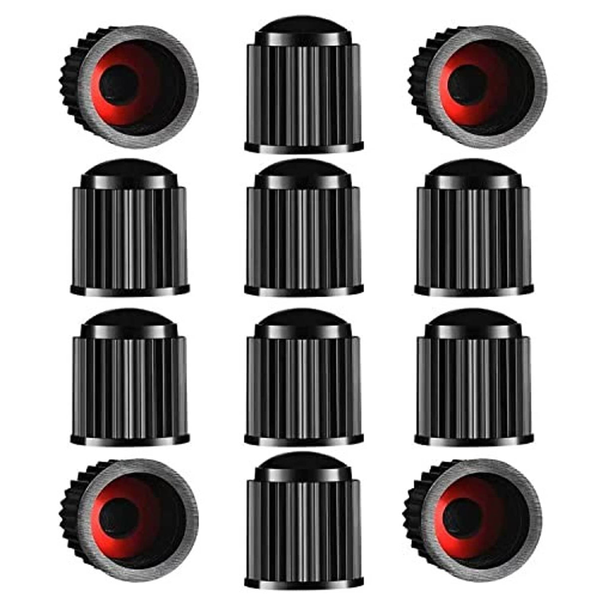 Black ribbed tire valve stem caps with red rubber insert, shown as multiple pieces