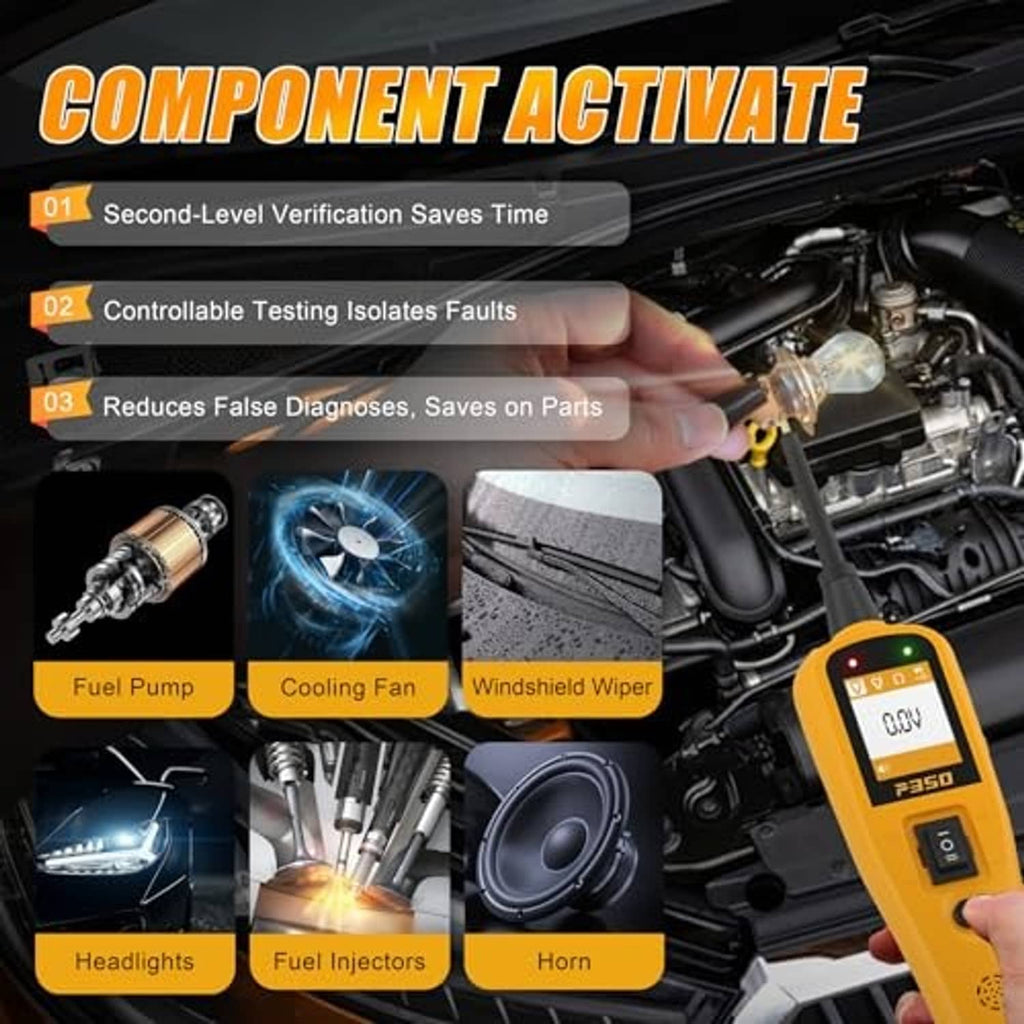 Yellow circuit probe tester showing component activate features near engine