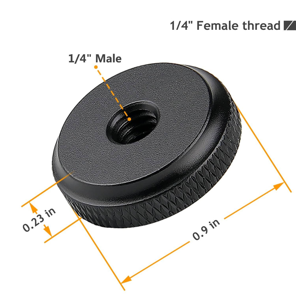 Black 1/4 in thumb wheel lock nut with ridged grip and female thread