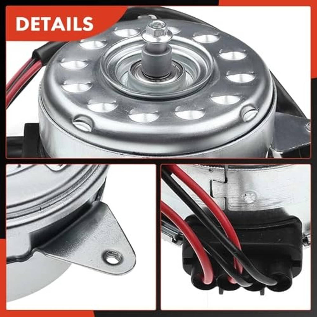 Radiator cooling fan motor close-up showing metal housing and red wire leads