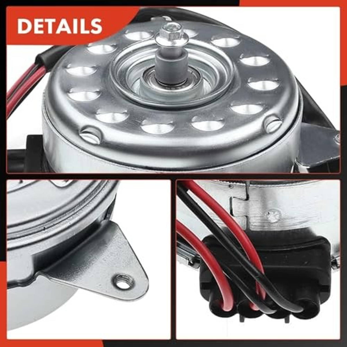 Radiator cooling fan motor close-up showing metal housing and red wire leads