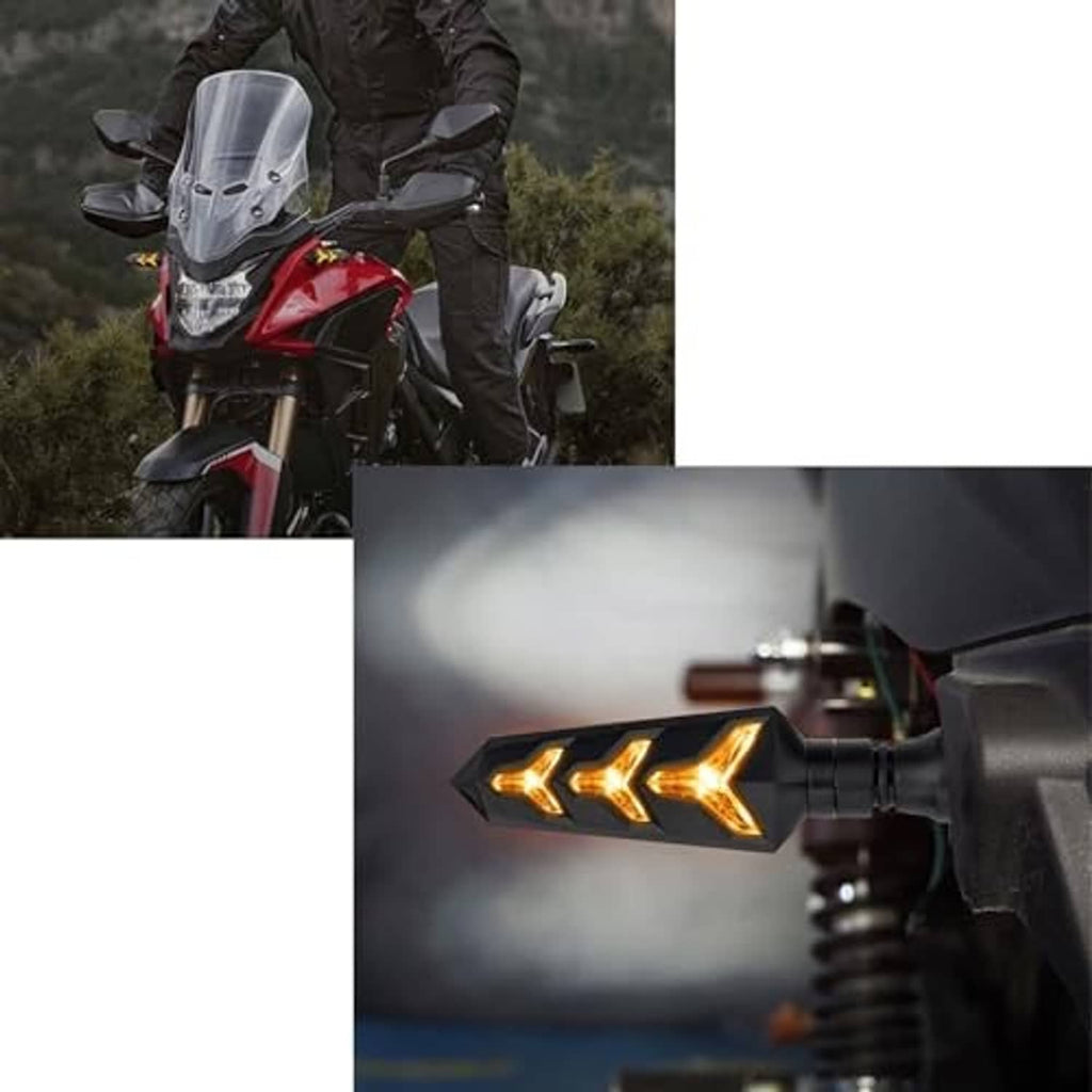 Black Y-shape LED motorcycle turn signal bulbs emitting amber arrow patterns