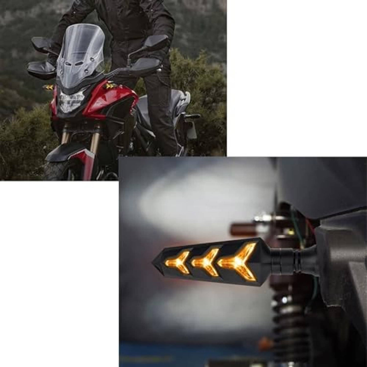 Black Y-shape LED motorcycle turn signal bulbs emitting amber arrow patterns