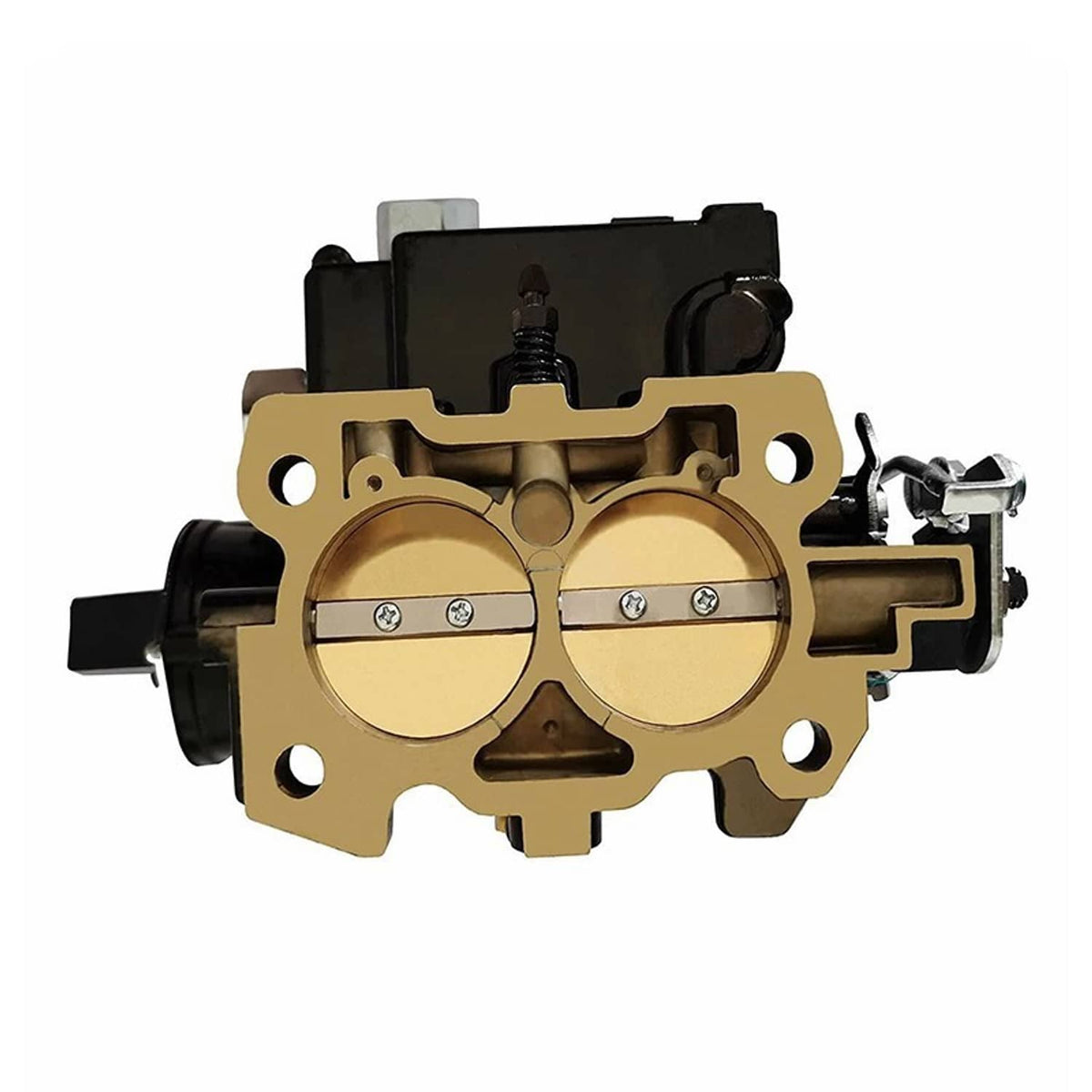 Carburetor front plate with tan throttle face, black housing, and metal mounting bracket