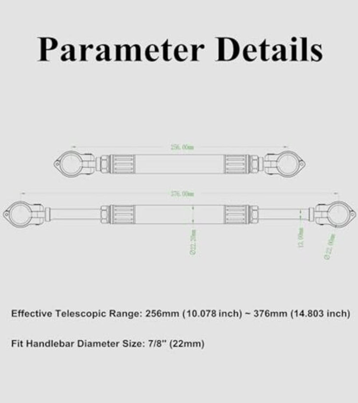 Adjustable motorcycle cross bar parameter diagram showing telescopic range and fit size