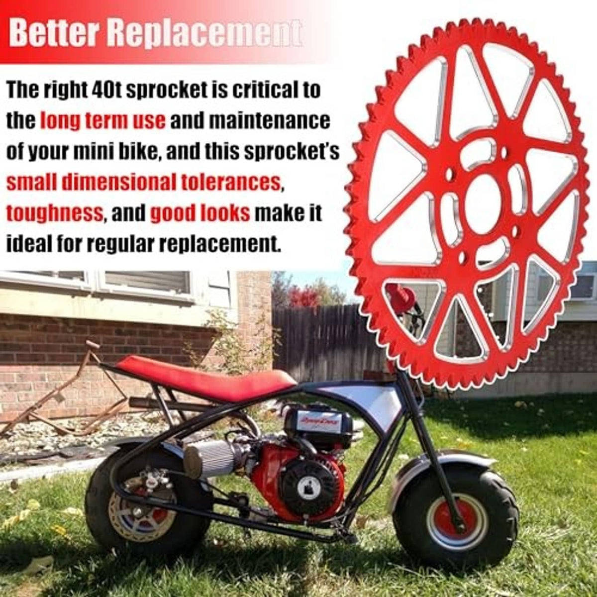 Red 60T chain sprocket on a mini bike wheel