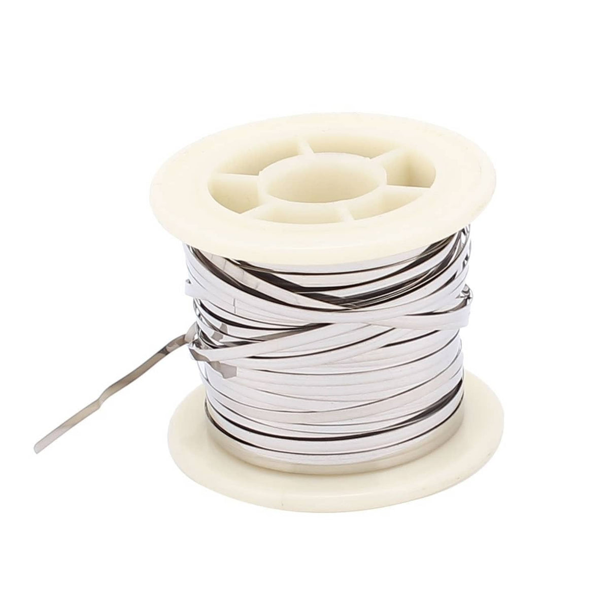 Silver nichrome flat heater wire on white spool, 0.2mm x 2mm ribbon