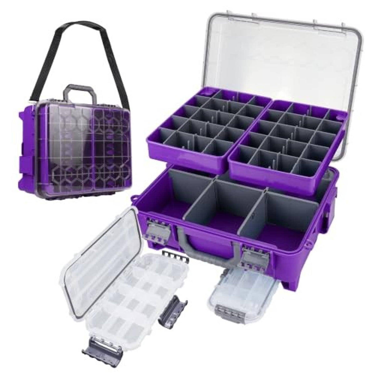 Purple floating tackle box with open lid, multi-compartment trays, and two removable clear side boxes