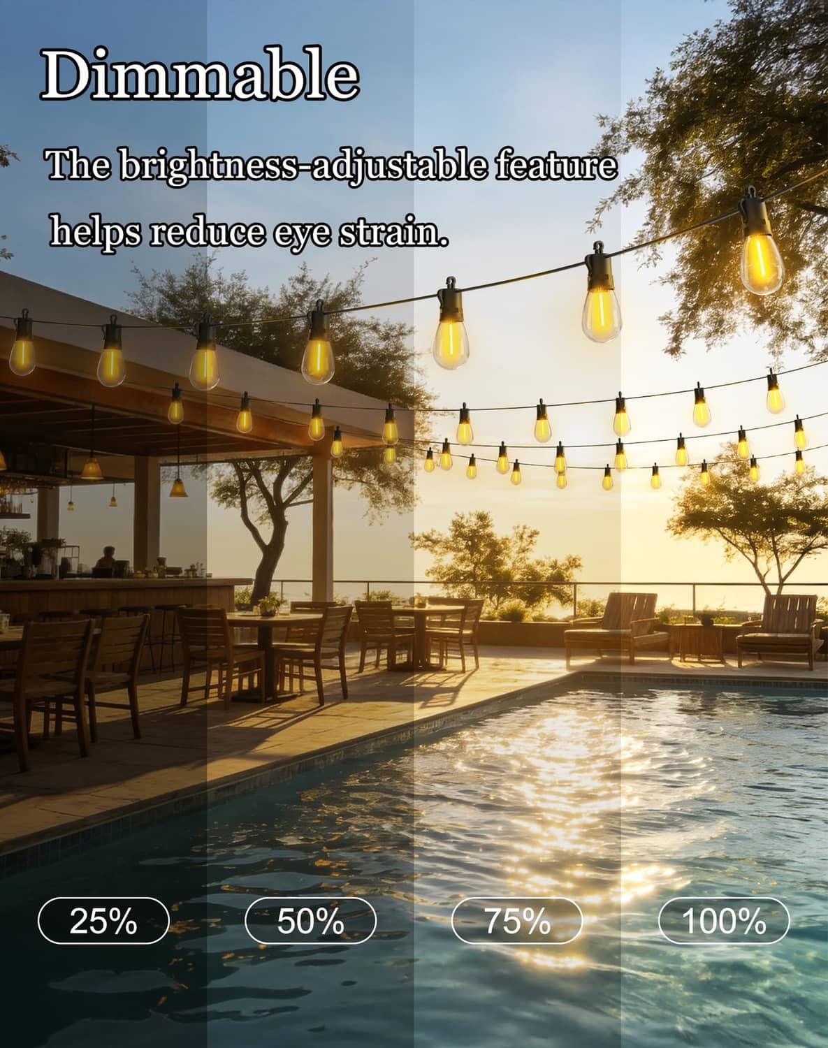 Outdoor solar string lights with warm amber bulbs, dimmer control settings shown