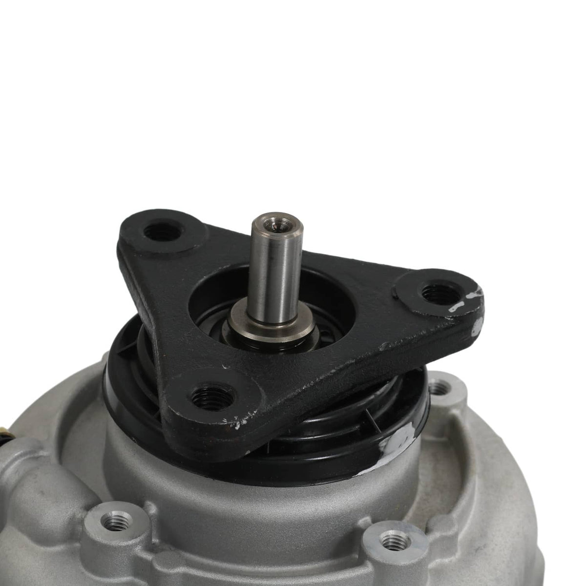 Transfer case output shaft with metal pin and black mounting bracket