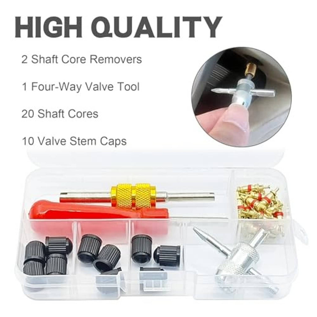 Valve core remover kit set in clear box with shaft tools, valve cores, and stem caps