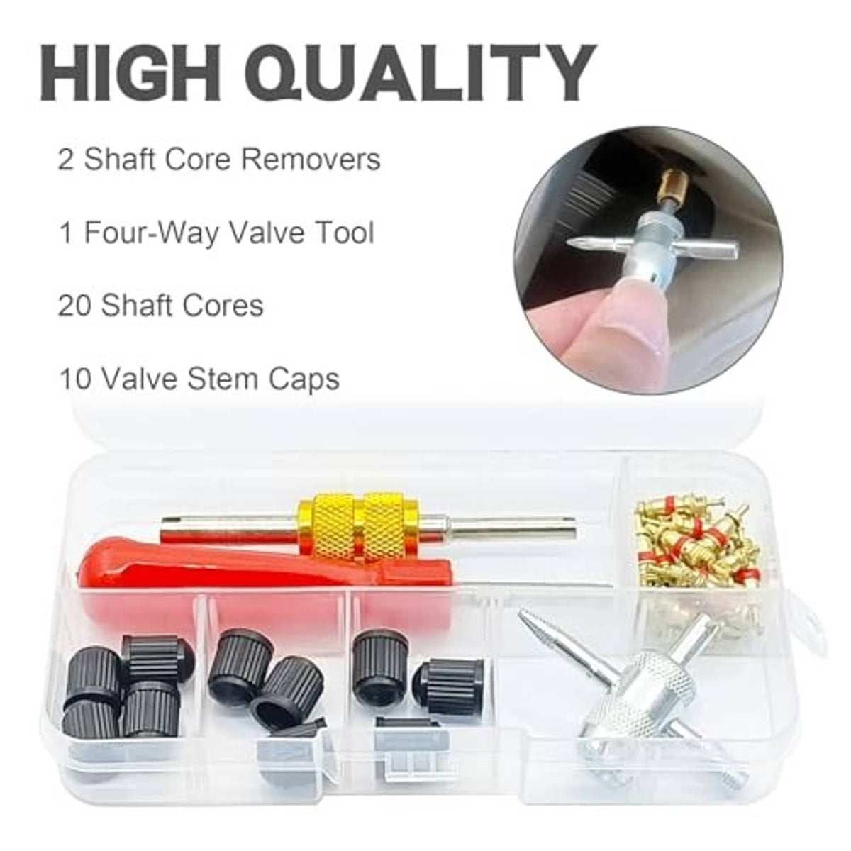 Valve core remover kit set in clear box with shaft tools, valve cores, and stem caps