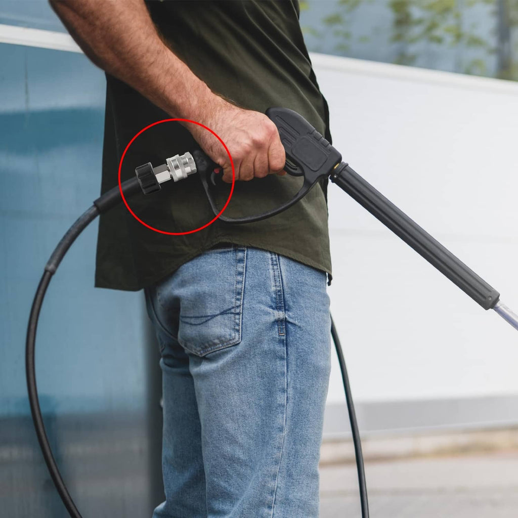Pressure washer quick connect coupler attachment with black collar on a hose line